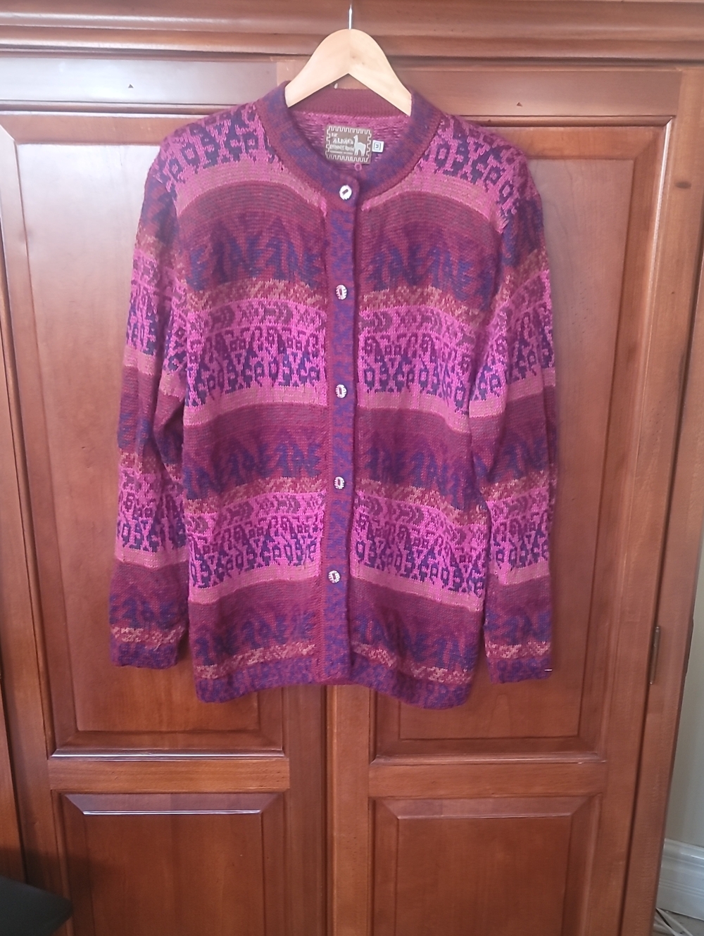 Vintage Women's Alpaca Cardigan Sweater Pink & Burgundy Embellished Buttons SZ M